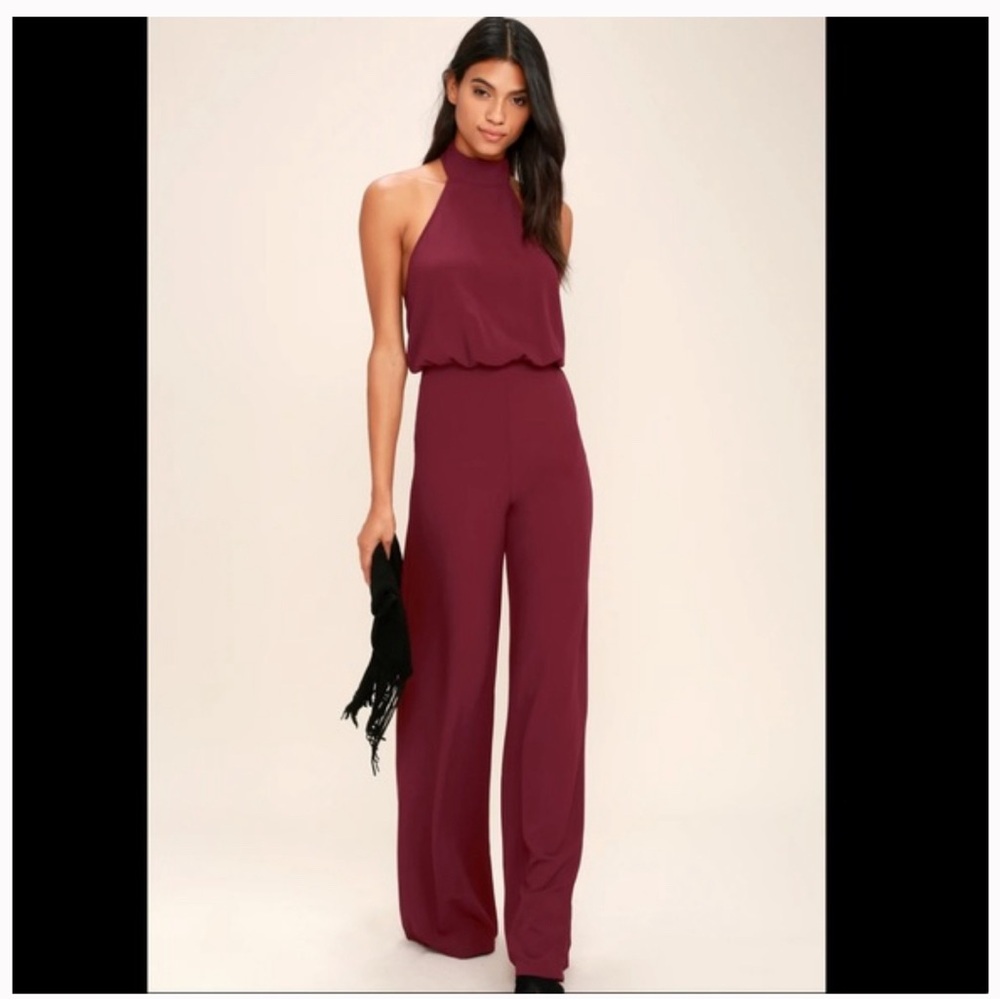 Lulus Maroon Jumpsuit, backless with high neck closure.
